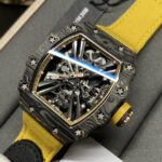 Swiss Replica Richard Mille RM 12-01 Tourbillon Watch ?C Bold Yellow Fabric Strap, Carbon Fiber Barrel Case, Skeleton Dial