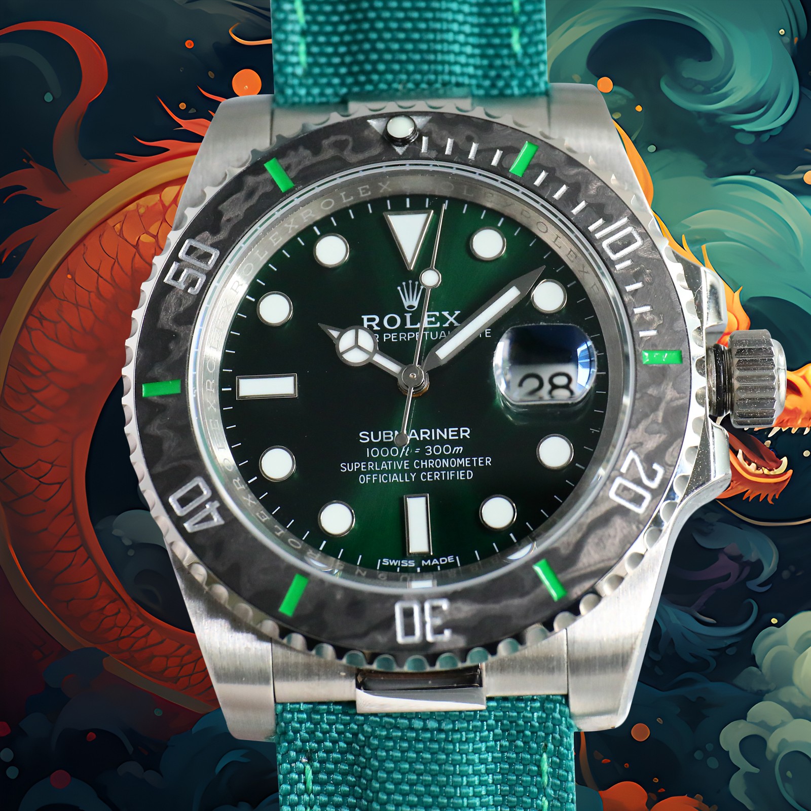 63B853E8-28E6-3686-DEA9-AA35F672D6BE.jpg ROLEX Year of the Dragon Auspicious ?? ?? Submariner Carbon Fiber Bezel – Velcro Strap – Green(1:1 replica) - Image 1