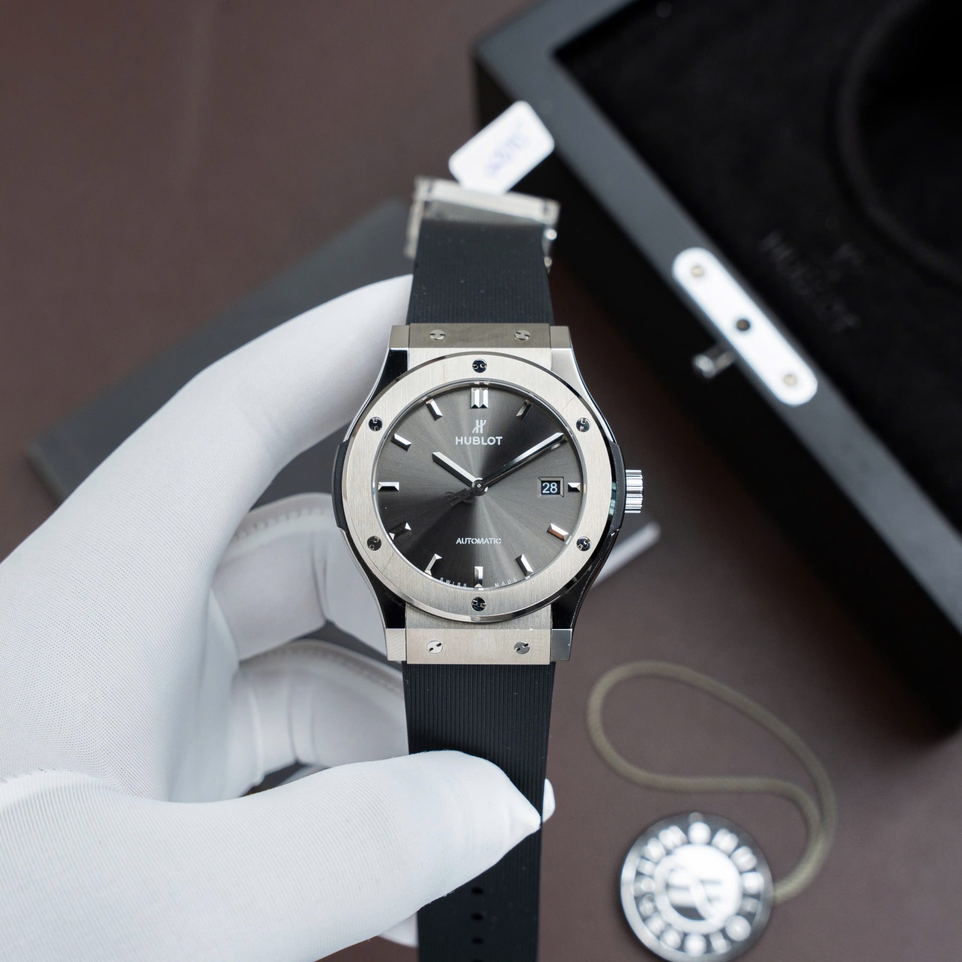 65D58F76-AC7B-6EAF-B7A0-87F687E43D3A.jpg Hublot Classic Fusion Titanium Gray Dial Replica Watches Movement SW300 Rubber Strap 42mm - Image 1