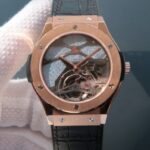 Replica Hublot Classic Fusion Tourbillon RG 45mm TF Skeleton Purple Dial Black Gummy Strap A23J