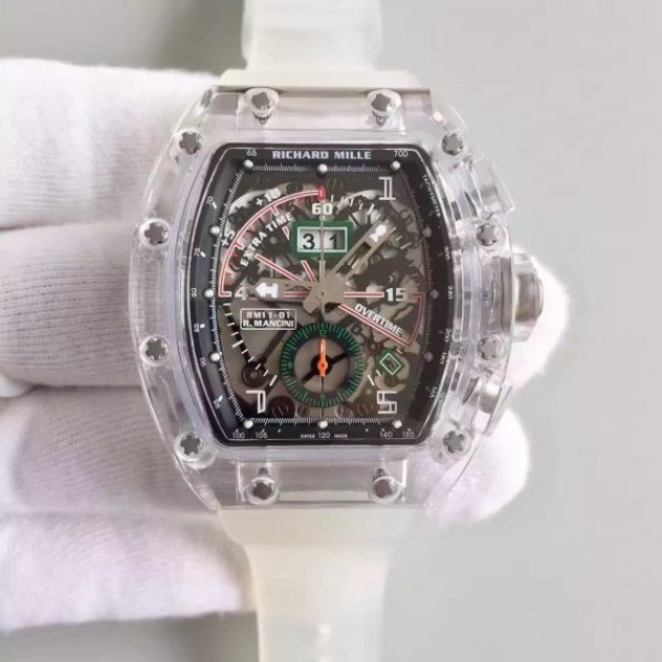 6F932B11-18F1-9C2A-3134-F4BBD489B724.jpg Replica Richard Mille RM011 Transparent Case Black/Green Bezel Skeleton Dial White Rubber Strap A7750 - Image 1