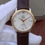 Replica Omega V6 De Ville 37mm YG Bezel White Dial YG Markers Leather Strap A2892