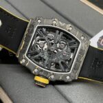 Swiss Replica Richard Mille RM 12-01 Tourbillon Watch ?C Bold Yellow Fabric Strap, Carbon Fiber Barrel Case, Skeleton Dial - Image 4