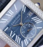 Replica Cartier Tank MC SS Blue Textured Dial Diamonds Bezel Leather Strap - Image 2