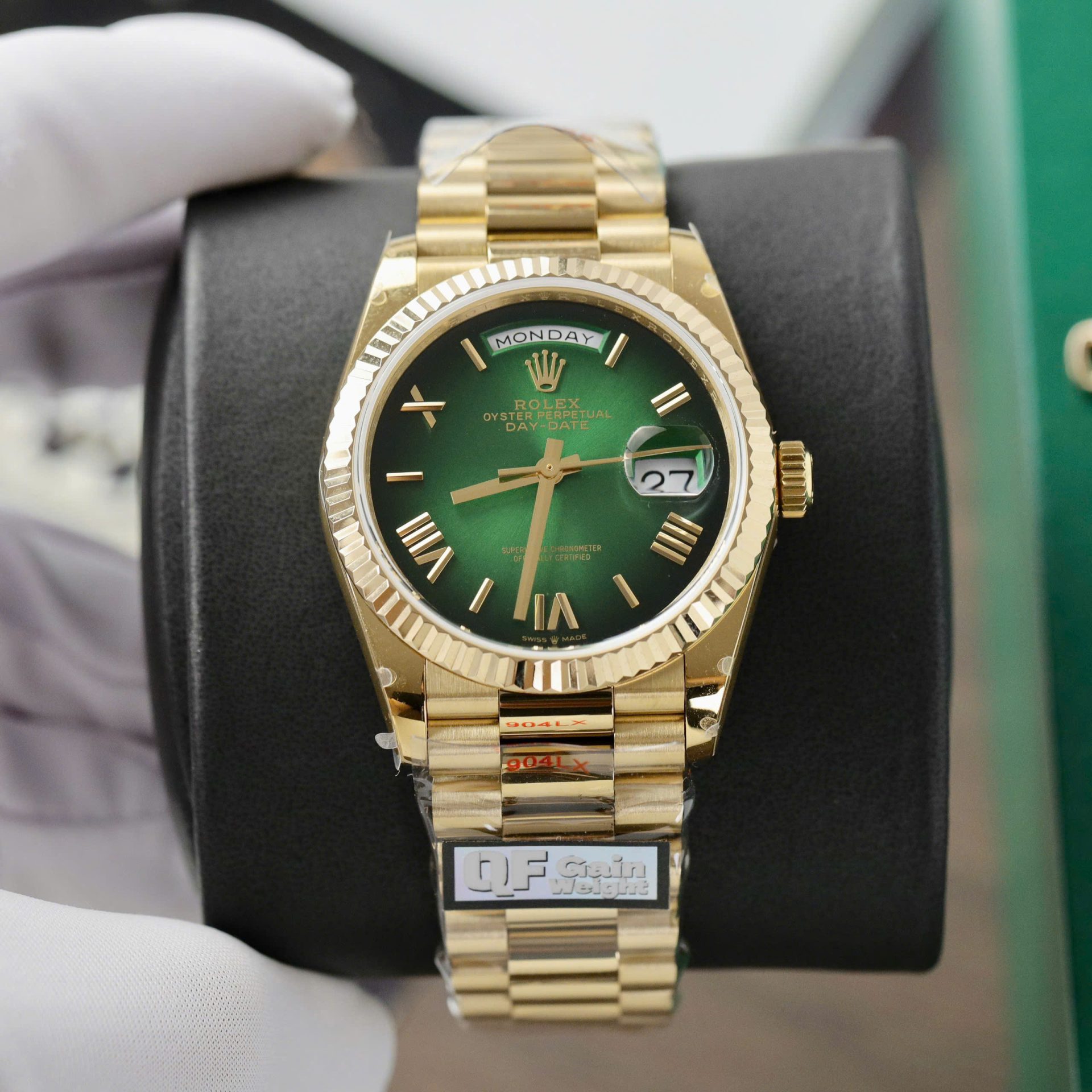 7CA11D95-1D30-0963-02CF-3B3EEC4E4057.jpg Rolex Day-Date 128238 Replica Watch Green Ombre Dial Weight 158gram QF 36mm - Image 1