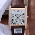 Replica Cartier Tank MC RG White Textured Dial Diamonds Bezel Leather Strap