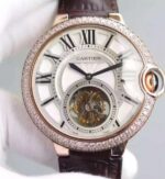 Replica Cartier Ballon Bleu Tourbillon RG Diamond Bezel Brown Leather Strap