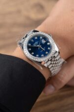 Rolex Replica Watch DateJust Blue Dial With Moissanite Diamond Bezel Factory Clean 41mm - Image 9