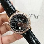 Replica PATEK PHILIPPE 6104P Moon RG Black Dial Diamond Bezel on Black Leather Strap A240 V2