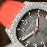 Patek Philippe Aquanaut 5167 Rep 11 Watch Custom Moissanite Diamonds Red Rubber Strap 40mm - Image 8