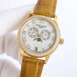 Fake diamond Watch Patek Philippe Replica 4936J-001 Complications Ladies Annual Calendar Moon Phase 37mm White Mother of Pearl Roman Diamond Bezel Yellow Gold Leather Date(1:1 replica) - Image 7