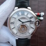 Replica Cartier Ballon Bleu Tourbillon 44mm SS Black Leather Strap