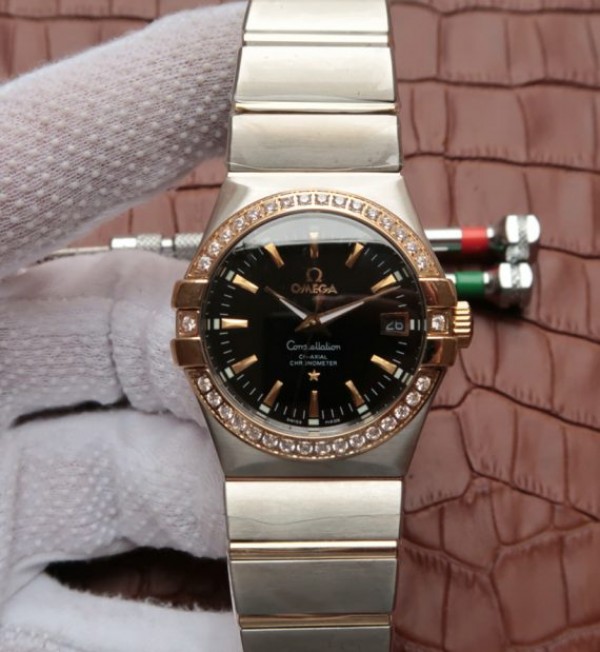 8DF4A4A4-9EA5-8FCA-5214-ECA90F58D2D1.jpg Replica Omega V6 Constellation 35mm Diamonds Bezel Black Dial SS Bracelet A2500 - Image 1