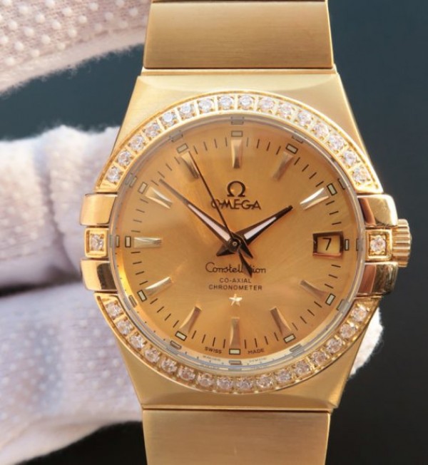 8EB883E4-2D35-354C-1731-86EFCBB964A2.jpg Replica Omega V6 Constellation YG Dial Diamonds Bezel YG Bracelet A2500 - Image 1