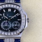 Fake Patek Philippe Replica Watch 5724G-001 Nautilus 40mm Black-Blue Baguette Diamond Bezel Moon Phase Date White Gold Leather Automatic GRF(1:1 replica) - Image 6