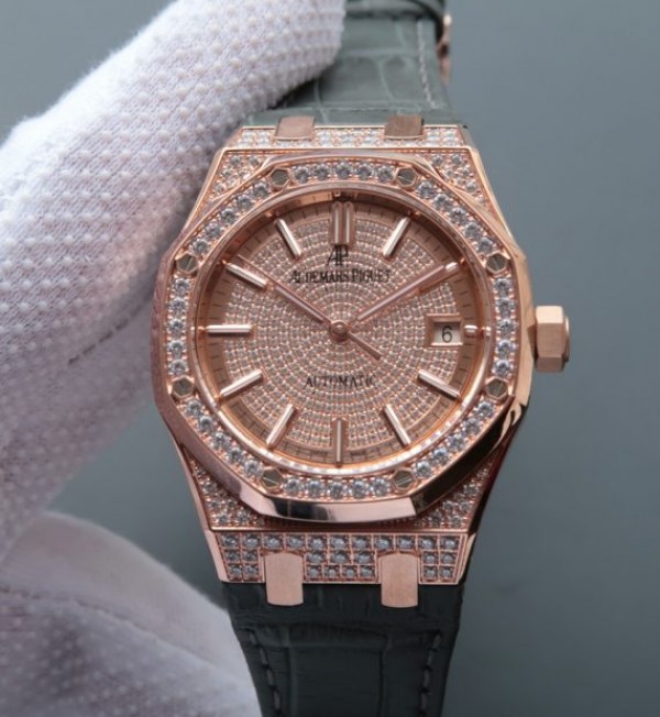 94DF3B32-041A-0B9F-A67A-E9EC4047BC4B.jpg Replica Audemars Piguet JF Royal Oak 37mm 15452 RG Full Paved Diamonds Leather Strap A3120 - Image 1