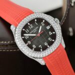 Patek Philippe Aquanaut 5167 Rep 11 Watch Custom Moissanite Diamonds Red Rubber Strap 40mm - Image 5