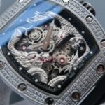 Replica Richard Mille RM057 Dragon Phoenix SS Case Diamonds Bezel Silver Dial Black Rubber Strap