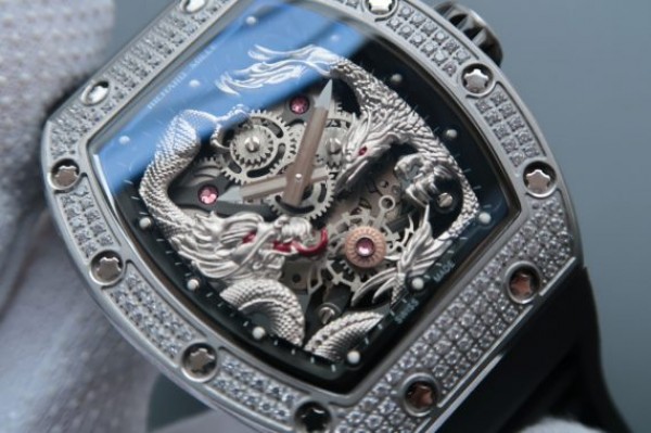 9770B3CE-9B50-95D0-E16A-76221B8489D0.jpg Replica Richard Mille RM057 Dragon Phoenix SS Case Diamonds Bezel Silver Dial Black Rubber Strap - Image 1
