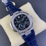 Fake Patek Philippe Replica Watch 5724G-001 Nautilus 40mm Black-Blue Baguette Diamond Bezel Moon Phase Date White Gold Leather Automatic GRF(1:1 replica) - Image 8