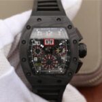 Replica Richard Mille RM011 NTPT Carbon Case Chronograph KVF Crystal Skeleton Dial Red Black Rubber Strap A7750