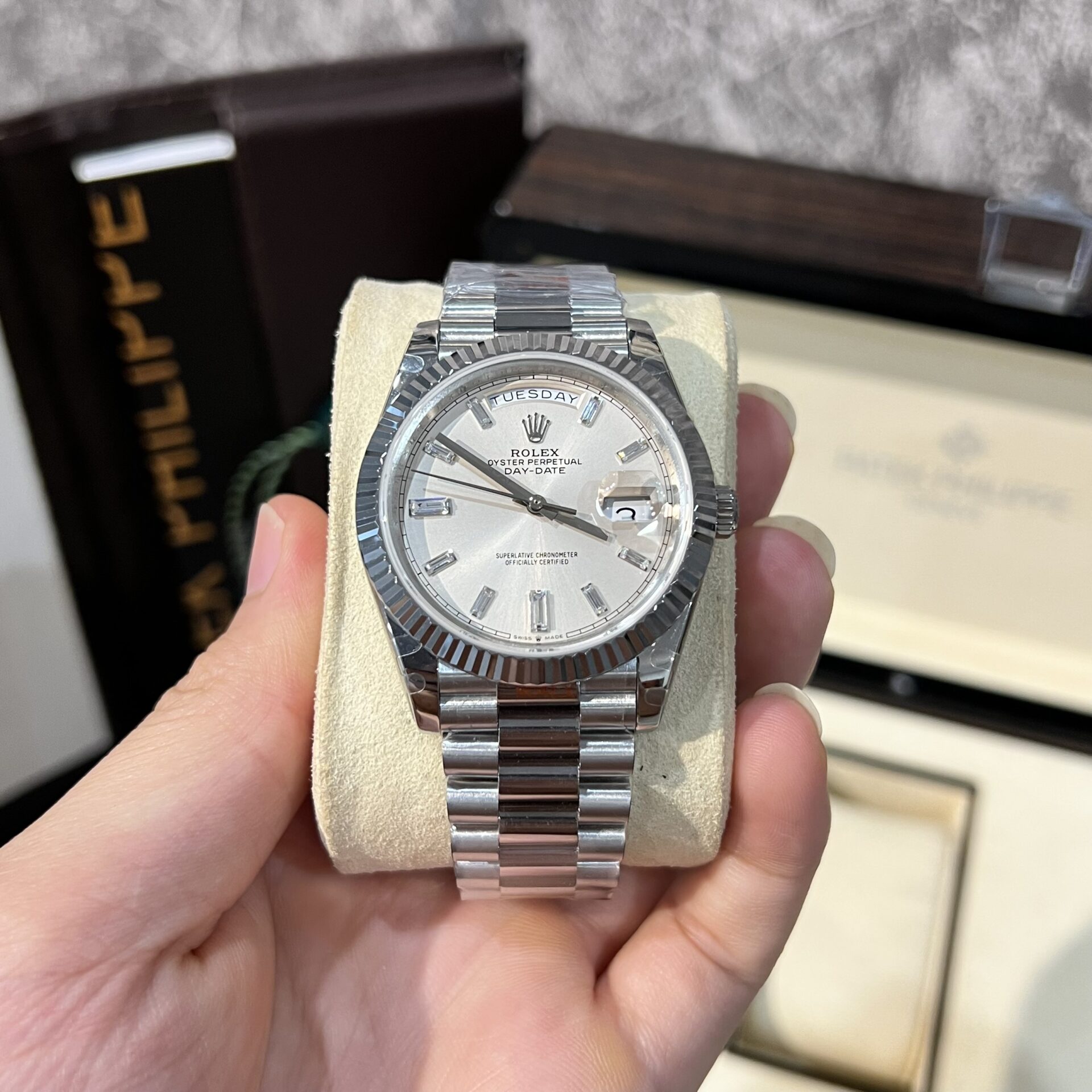 9C6C4422-F782-B615-6CCE-CB59F8A56023.jpg Rolex Day-Date 228239 Replica Watch White Dial Refine 166gram GM V2 40mm - Image 1