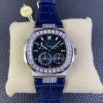 Fake Patek Philippe Replica Watch 5724G-001 Nautilus 40mm Black-Blue Baguette Diamond Bezel Moon Phase Date White Gold Leather Automatic GRF(1:1 replica) - Image 9
