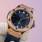 Hublot Replica Watch Classic Fusion King Gold Blue Dial Moissanite Diamond Bezel 38mm - Image 2