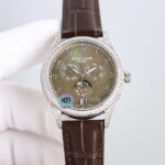 Fake Patek Philippe Replica Watch 4948G-001 Complications Ladies Annual Calendar Moon Phase 38mm Black Tahitian Mother of Pearl Arabic White Gold Diamond Set Leather(1:1 replica)