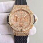 Replica Hublot Big Bang Gold Full Pave Chrono RG Diamonds Dial Black Rubber Strap A7750