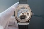 Replica Hublot Classic Fusion Tourbillon 45mm TF Purple Skeleton Dial Black Gummy Strap A23J