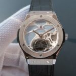 Replica Hublot Classic Fusion Tourbillon 45mm TF Purple Skeleton Dial Black Gummy Strap A23J
