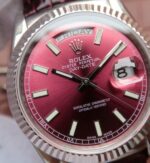 Replica Rolex Day-Date 36mm 118139-L Red Dial Stick Markers Brown Leather Strap A2836 - Image 3