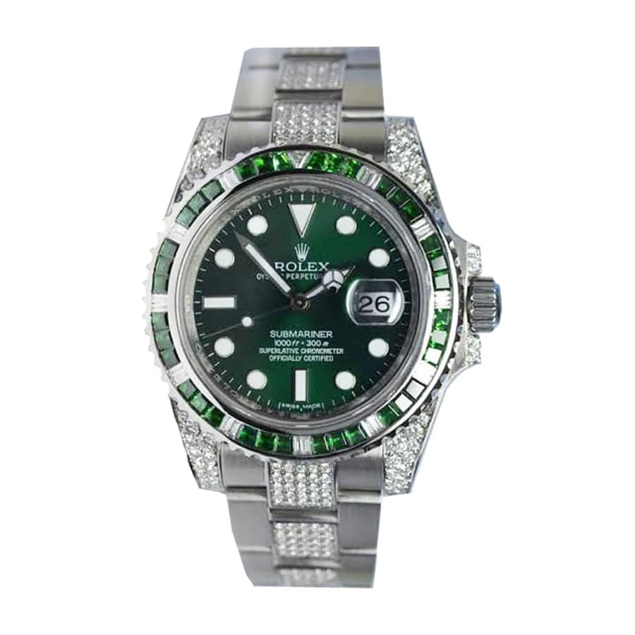 B4684FBD-0BD2-3FB9-C2C8-4265DB538FF4.jpg Rolex Submariner Hulk 116610LV Diamond Green Dial Iced Out Replica - Image 1
