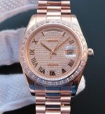 Replica Rolex Day-Date 218399 Roman Numerals RG Full Diamonds A3255