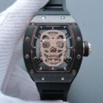 Replica Richard Mille RM052 Black Ceramic Full Paved Diamonds Skull Dial Black Rubber Strap MIYOTA8215