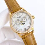 Fake diamond Watch Patek Philippe Replica 4936J-001 Complications Ladies Annual Calendar Moon Phase 37mm White Mother of Pearl Roman Diamond Bezel Yellow Gold Leather Date(1:1 replica) - Image 8