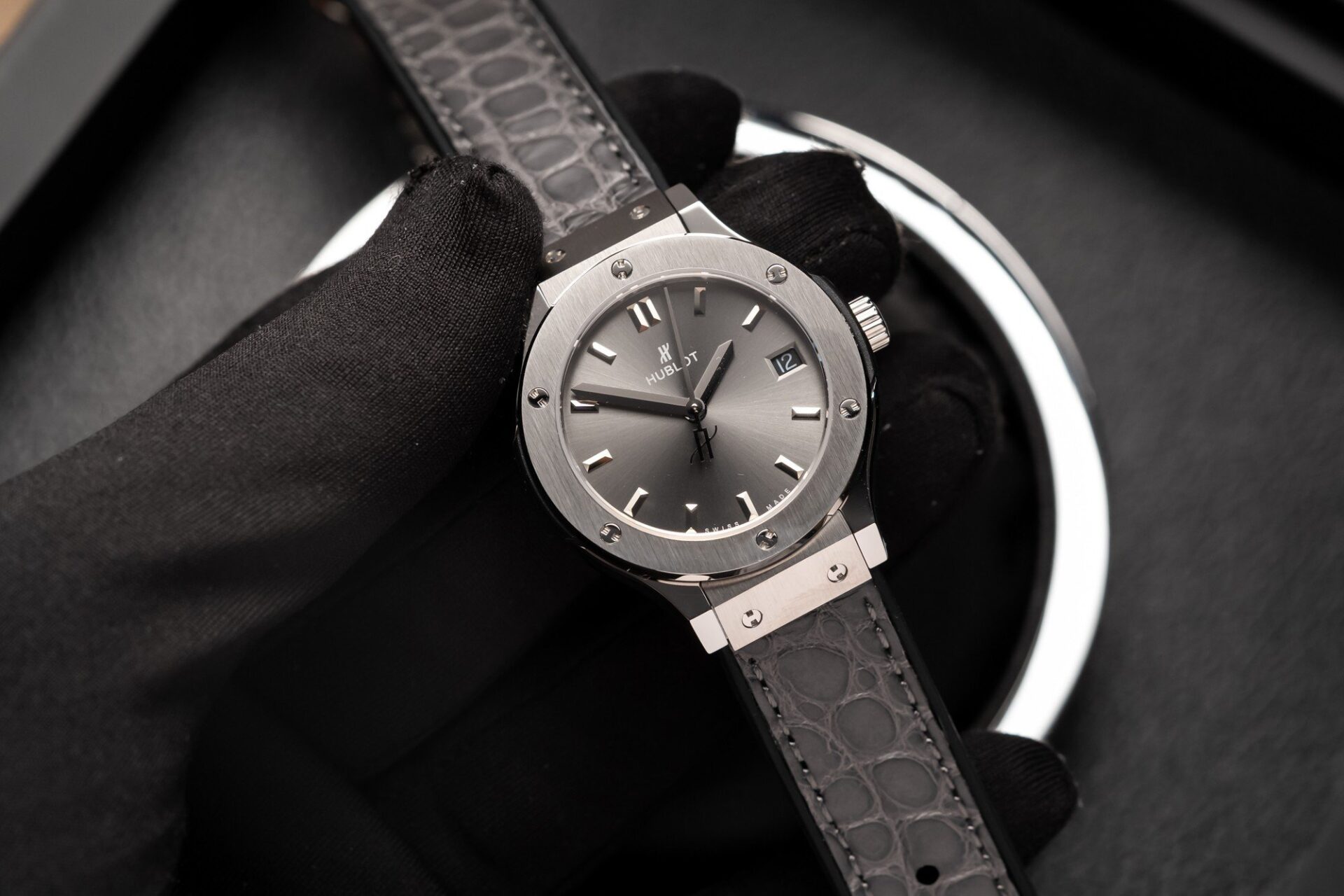 C14304B3-78B3-DA53-EC80-8B5277D53F9E.jpg Hublot Women s Replica 11 Watch Gray Dial Leather Strap HBF 33mm - Image 1