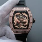 Replica Richard Mille RM057 Dragon Phoenix RG Case Diamonds Bezel RG Dial Black Rubber Strap