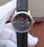 Replica Omega MKF De Ville 37mm SS Black Dial Black Leather Strap A2829