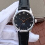 Replica Omega V6 De Ville 41mm SS Black Dial Black Leather Strap A8500