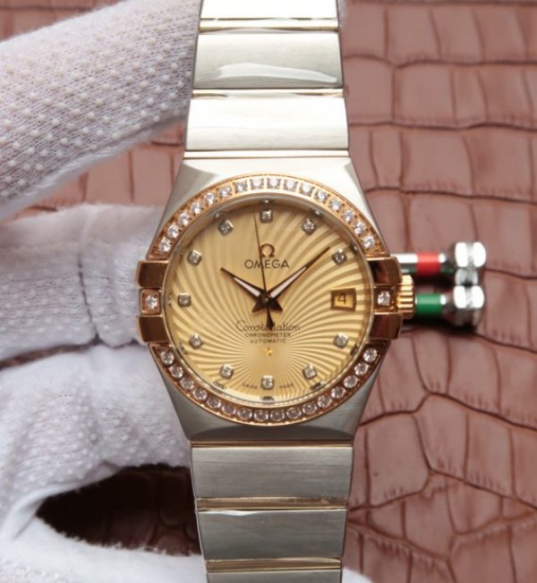 CAF53E41-EDE7-4FE1-E5E4-A50B30AE1ECF.jpg Replica Omega V6 Constellation 35mm Diamonds Bezel YG Textured Dial SS Bracelet A2500 - Image 1