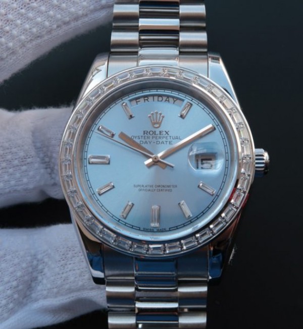 CE9205B4-1FE8-AF2C-9649-AD8BC1EA276E.jpg Replica Rolex Day-Date SS Diamonds Bezel Ice Blue Dial Crystal Markers SS Bracelet A3255 - Image 1