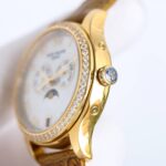 Fake diamond Watch Patek Philippe Replica 4936J-001 Complications Ladies Annual Calendar Moon Phase 37mm White Mother of Pearl Roman Diamond Bezel Yellow Gold Leather Date(1:1 replica) - Image 4