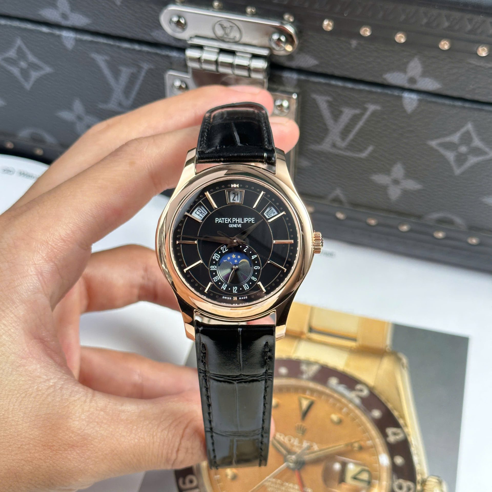 D47C519A-2905-67AE-DC3C-DCCF32F5C675.jpg Patek Philippe Complications 5205R Replica Watch Black Dial Rose Gold 40mm - Image 1