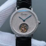 Replica Cartier Tourbillon SS Diamonds Dial Bezel Leather Strap