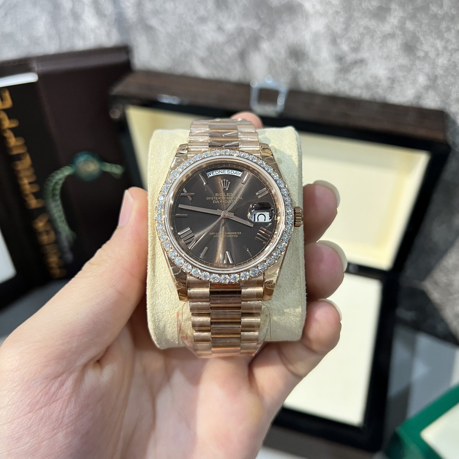 D96524BB-F59E-1659-D49B-C737F473E5CB.jpg Rolex Day-Date 228235 Replica Watch Refined With Moissanite Diamonds 40mm - Image 1