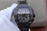 Replica Richard Mille RM011 Black Ceramic PVD Chrono Skeleton Dial Black Rubber Strap A7750
