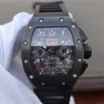Replica Richard Mille RM011 Black Ceramic PVD Chrono Skeleton Dial Black Rubber Strap A7750