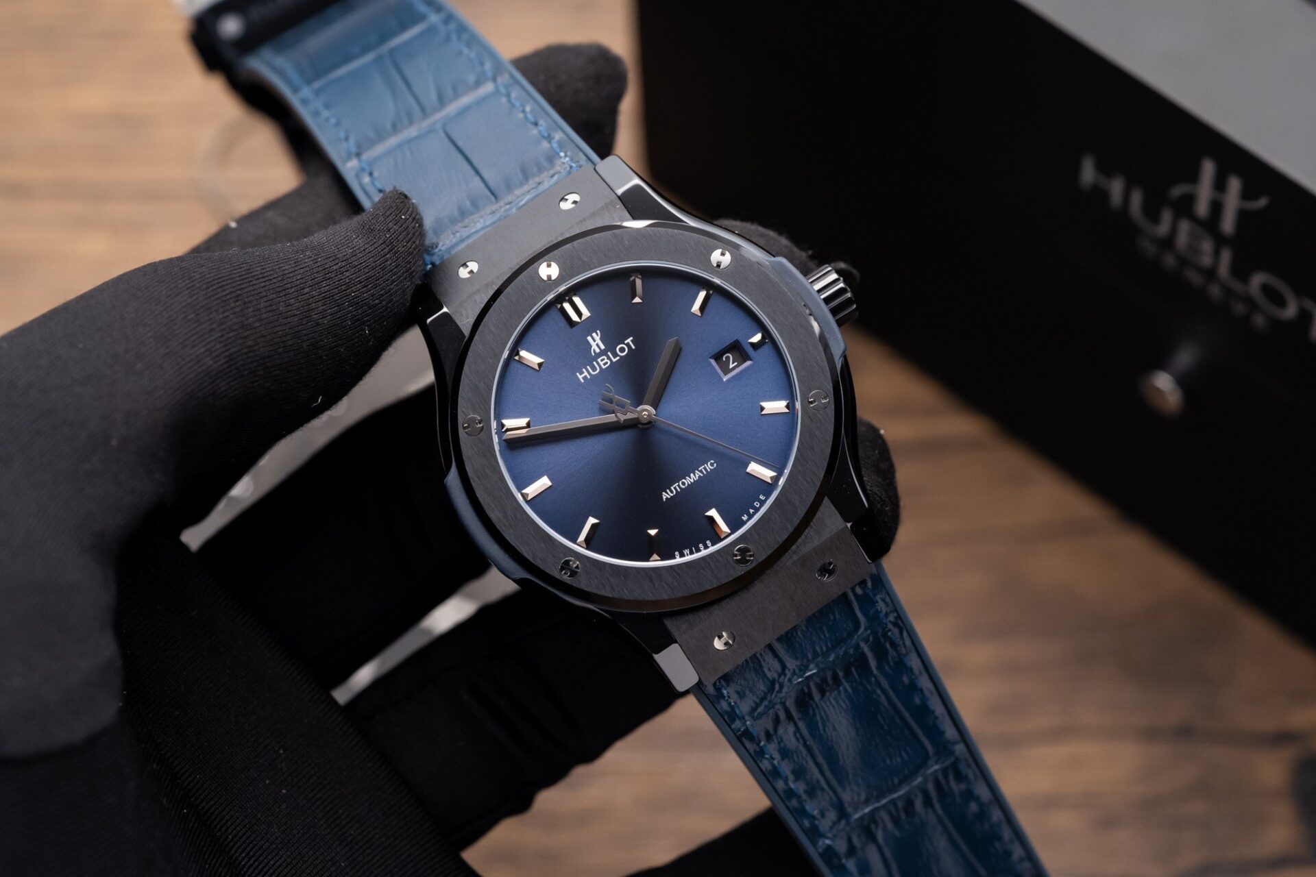DA4B28D8-6ACD-9DE8-1D9B-FD033363F4A3.jpg Hublot Classic Fusion Ceramic Blue Dial Replica Watch Leather Strap GS Factory 42mm - Image 1
